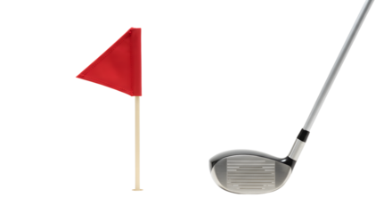 SPORT - Close-up of golf club and red flagstick isolated on white background, perfect for golf-related content