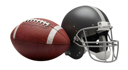 SPORT - Close-up of an American football and black helmet on white background, perfect for sports, training, and game day promotions