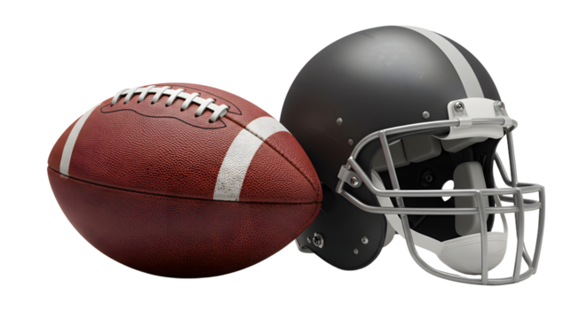 SPORT - Close-up of an American football and black helmet on white background, perfect for sports, training, and game day promotions