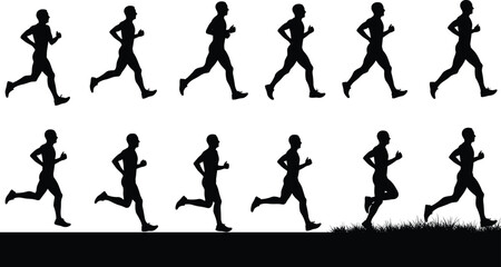 Silhouette of man running sequence, jogging fitness illustration, outdoor athlete training, sports workout clipart, healthy lifestyle, marathon exercise graphic