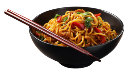 Chicken Hakka or Schezwan noodles served in a bowl with chopsticks isolated on a white background