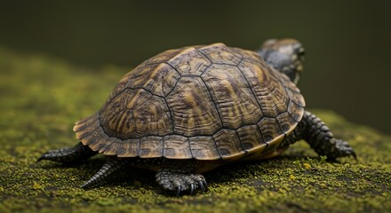 Obraz premium Close-up captures the intricate details of a turtle shell resting on mossy ground, portraying
