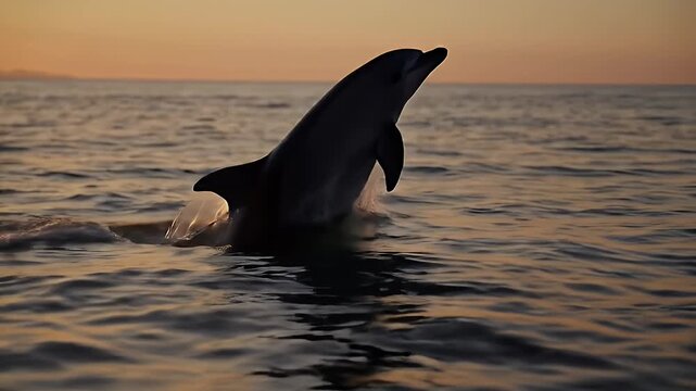 Silhouette of a dolphin leaping from water at sunset, showcasing its dorsal fin and sleek form, capturing dynamic marine life
