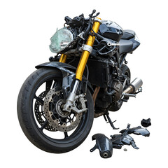 Front side of crashed Motorcycle from accident, isolated on white or transparent background. PNG