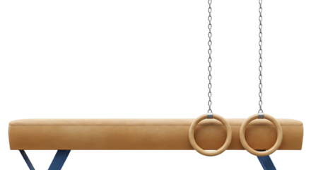 SPORT - Gymnastics rings hanging next to a pommel horse on gym floor, perfect for sports training and fitness exercises