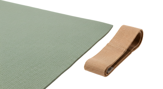 SPORT - Green yoga mat and rolled yoga strap isolated on white background, perfect for fitness and exercise routines