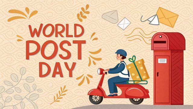 World post day celebration with delivery person on scooter and mailbox