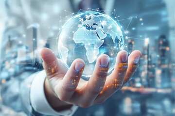 Businessman holding glowing digital globe with connected network nodes, symbolizing global technology and business concept in modern world cityscape. Ai generative