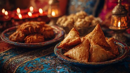 Delicious indian samosas and snacks on decorative plates with candles