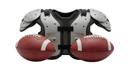 SPORT - American football shoulder pads and two footballs isolated on white background, equipment for sports and training