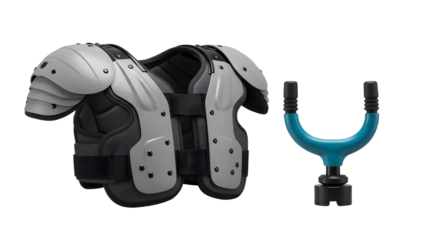 SPORT - American football shoulder pads with blue mouthguard isolated on white background, protective sports gear perfect for football training