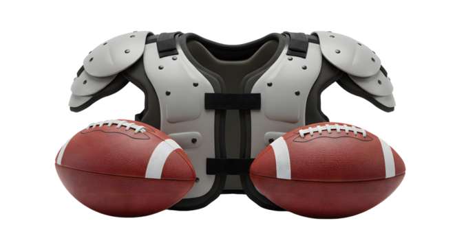 SPORT - American football shoulder pads and two footballs isolated on white background, equipment for sports and training