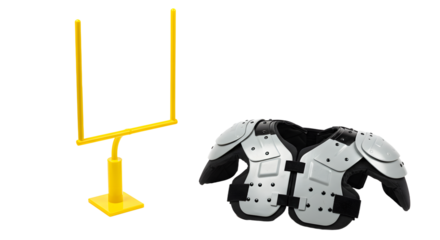 SPORT - American football shoulder pads and goal post isolated on white background, protective gear and field goal equipment for sports activities