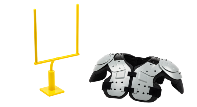 SPORT - American football shoulder pads and goal post isolated on white background, protective gear and field goal equipment for sports activities