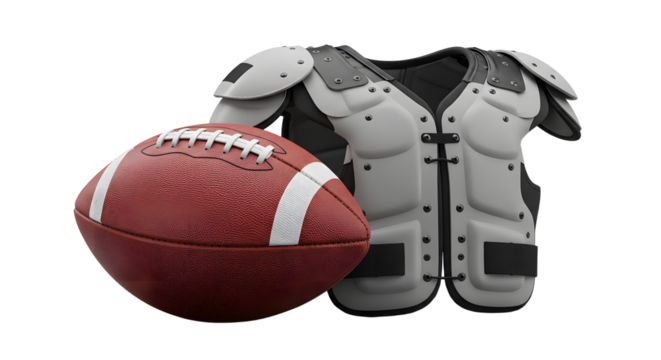 SPORT - American football with protective shoulder pads isolated on white background, perfect for sports presentations and training materials