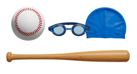 SPORT - Baseball bat, ball, goggles, and blue swim cap isolated on white background, sports equipment set perfect for baseball and swimming activities