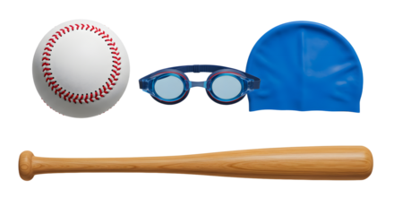 SPORT - Baseball bat, ball, goggles, and blue swim cap isolated on white background, sports equipment set perfect for baseball and swimming activities