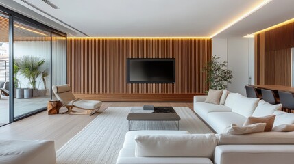 Fototapeta premium A living room with a large screen tv