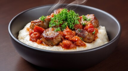 Fototapeta premium Delicious serving of creamy polenta topped with savory meatballs, fresh parsley, and rich tomato sauce on a dark wooden table