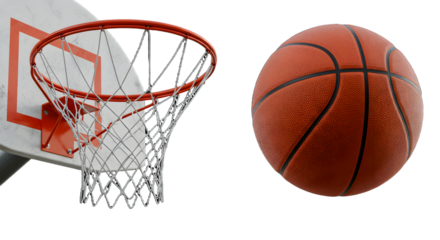 SPORT - Basketball and hoop with net isolated on black background, perfect for sports and basketball-related projects