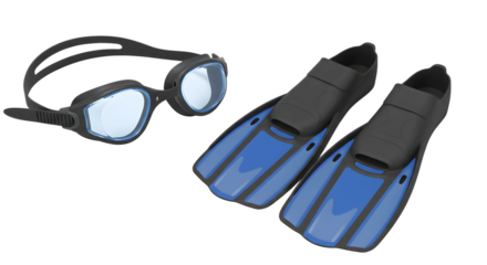 SPORT - Black and blue swimming goggles and fins set, perfect for snorkeling and diving activities