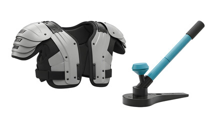 SPORT - Black and gray football shoulder pads alongside a blue and black baseball batting tee, isolated on white background, ideal for sports training and equipment displays