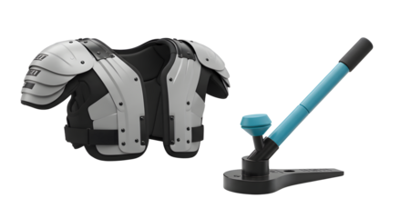 SPORT - Black and gray football shoulder pads alongside a blue and black baseball batting tee, isolated on white background, ideal for sports training and equipment displays