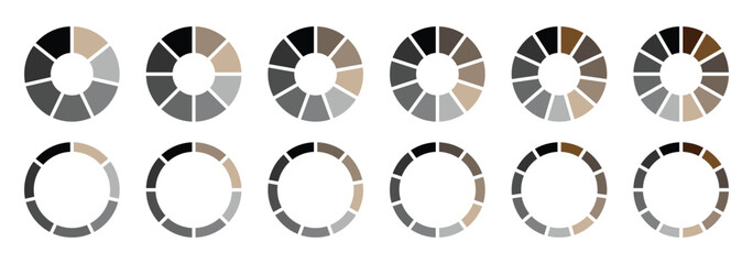 Circle pie chart diagram. Pie chart set. Colorful diagram collection with sections or steps. Colorful Pie Charts and Progress Circles for Data Visualization vector illustration.