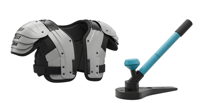 SPORT - Black and gray football shoulder pads alongside a blue and black baseball batting tee, isolated on white background, ideal for sports training and equipment displays