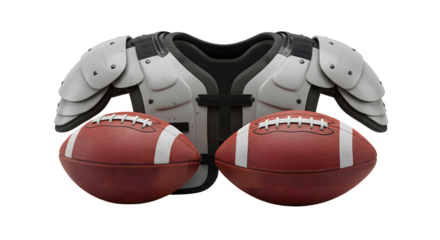 SPORT - American football shoulder pads with two footballs on white background, equipment for protection in contact sports
