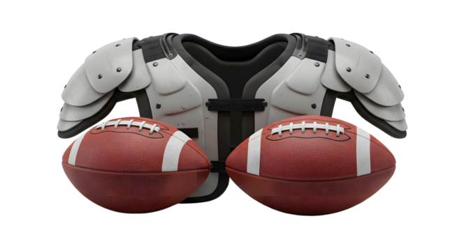 SPORT - American football shoulder pads with two footballs on white background, equipment for protection in contact sports