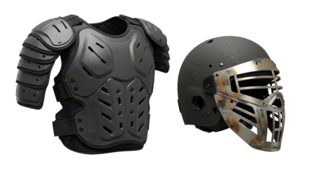 SPORT - Black and grey paintball protective gear including chest armor and full-face helmet with a metal cage, perfect for paintball enthusiasts and safety equipment needs