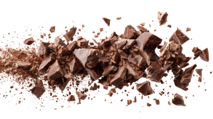 Chocolate explosion isolated on white. Flying milk Chocolate pieces. Chocolate flakes and chips Top view. Flat lay