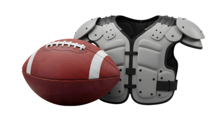 SPORT - American football gear including a classic football and shoulder pads isolated on white background, perfect for sports design and athletic themes