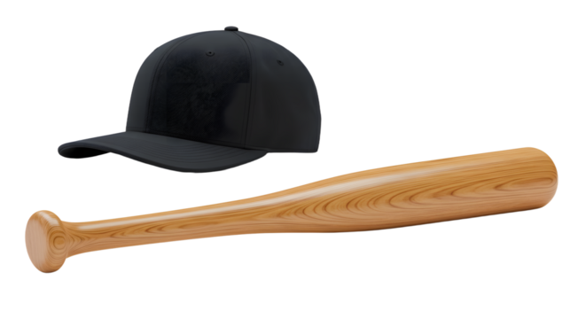 SPORT - Black baseball cap and wooden baseball bat isolated on white background, perfect for sports or baseball themed designs