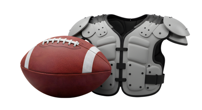 SPORT - American football gear including a classic football and shoulder pads isolated on white background, perfect for sports design and athletic themes