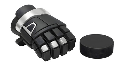 SPORT - Black robotic prosthetic hand holding a black hockey puck isolated on white background, perfect for technology or sports concepts