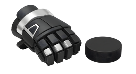 SPORT - Black robotic prosthetic hand holding a black hockey puck isolated on white background, perfect for technology or sports concepts