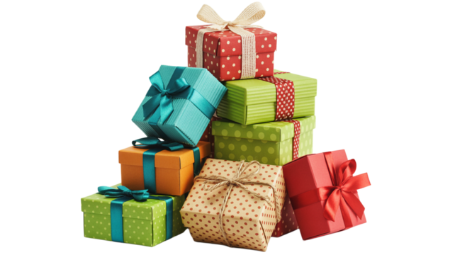 Stack of beautifully wrapped colorful presents for holidays or celebrations