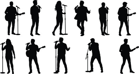 Singer silhouettes with microphone, male and female musicians, guitar players performing, concert stage illustration, live music entertainment, band show design