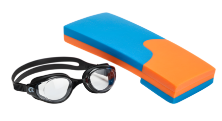 SPORT - Black swimming goggles with transparent lenses and blue and orange kickboard for pool training and water sports