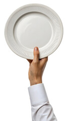 hand holding an empty plate isolated on a white background