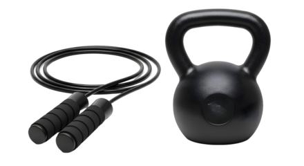 SPORT - Black kettlebell and jump rope set for fitness training and strength workouts, perfect for home gym and exercise routines