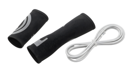 SPORT - Black jump rope with foam handles and white cord isolated on white background, fitness and exercise equipment