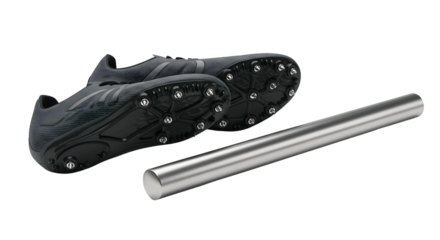 SPORT - Black track and field running spikes with silver starting block baton isolated on white background, perfect for athletic training and competitions