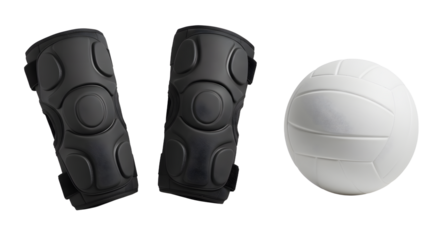 SPORT - Black volleyball knee pads with a white volleyball on a white background, perfect for sports training and game protection