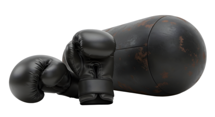 SPORT - Black boxing gloves and punching bag isolated on white background, perfect for sports training and fitness motivation
