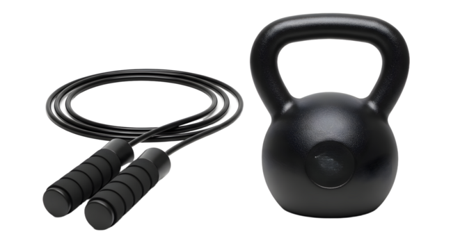 SPORT - Black kettlebell and jump rope set for fitness training and strength workouts, perfect for home gym and exercise routines