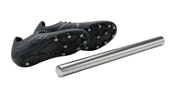 SPORT - Black track and field running spikes with silver starting block baton isolated on white background, perfect for athletic training and competitions