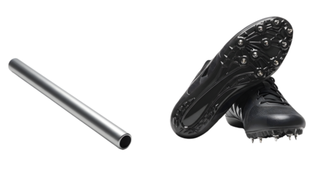 SPORT - Black metal running spikes and shiny aluminum relay baton for track and field sports and athletics competitions
